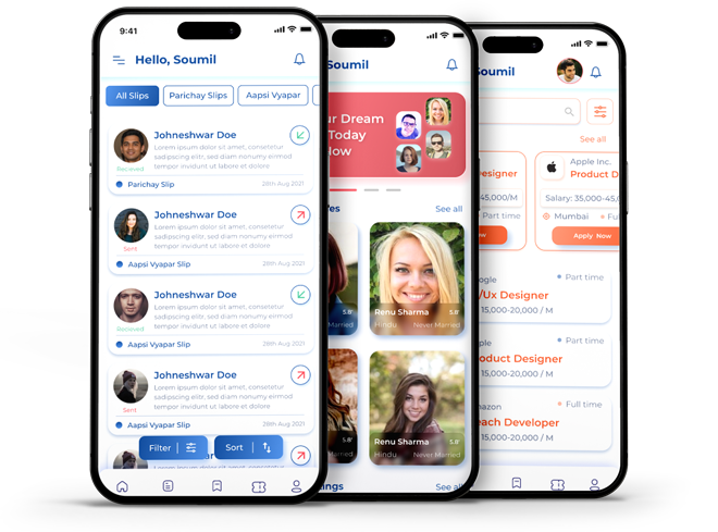 Agarwal Community App — slips inbox, matrimony profiles and job listings on three phones